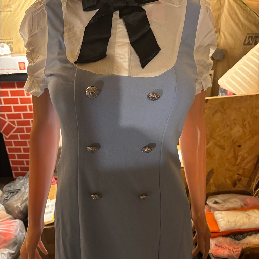 Women’s SHEIN Blue & White Overall Dress with Black Bow Size M6